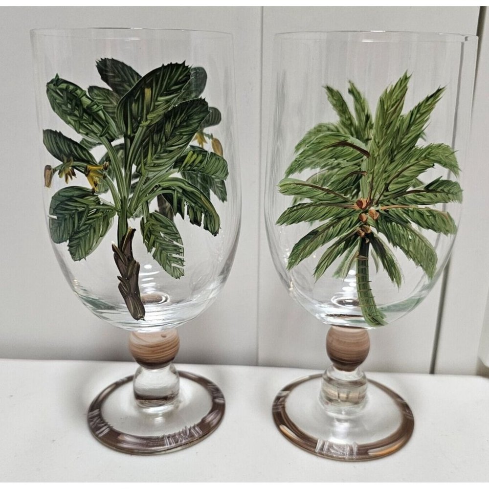 2 Florida Marketplace Palm Island Water Ice Tea Goblets 6.75" handpainted tree